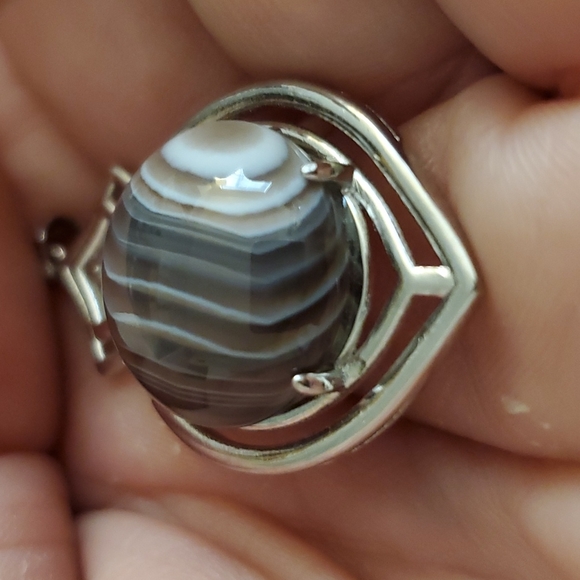 New Botswana Agate Round Rhinestone Inlaid 925 Silver Pendant. - Picture 4 of 12